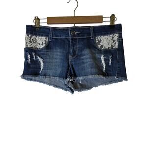 AMERICAN STYLES Iris Jeans Blue White Lace Embellishments Denim Mini Shorts SZ L